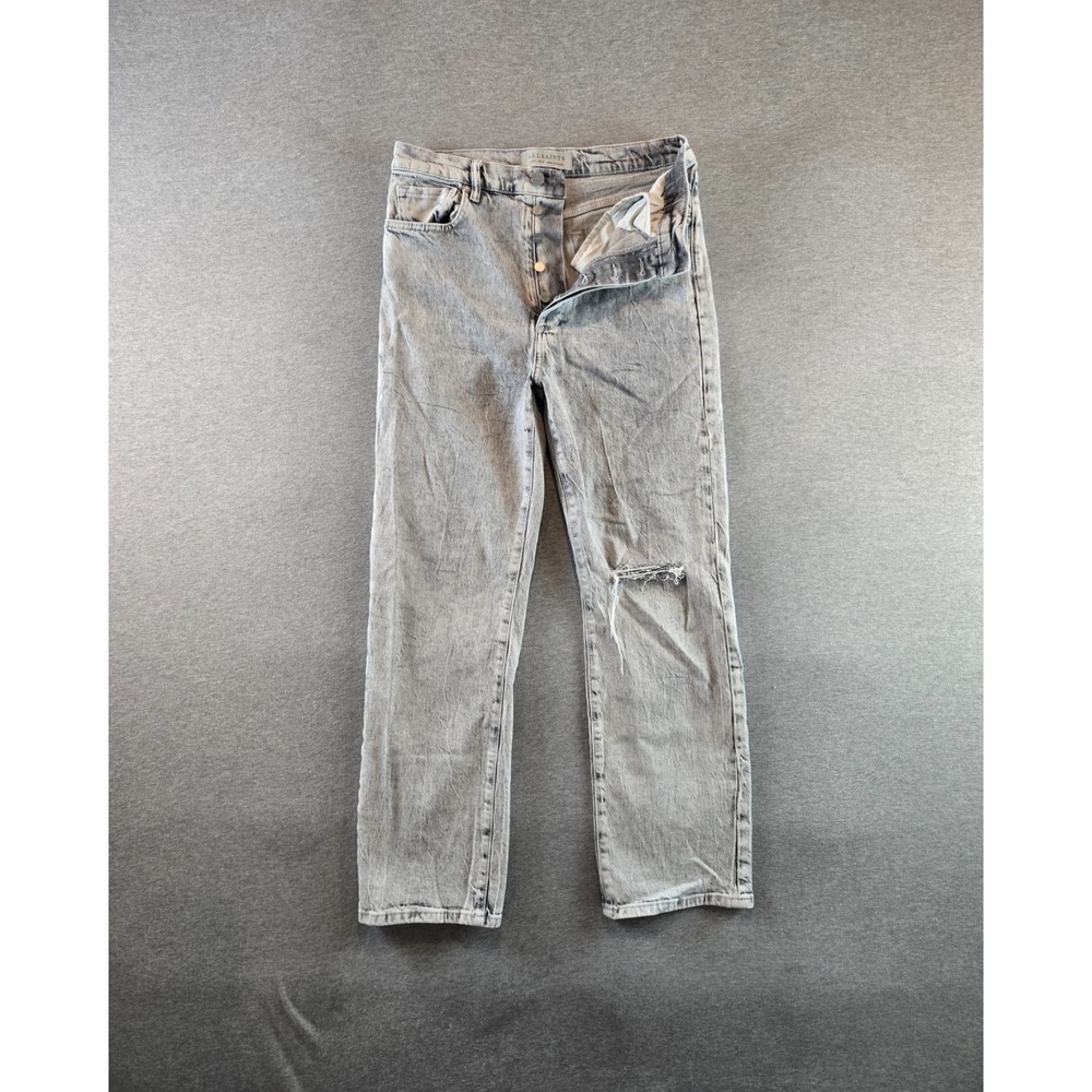AllSaints Grey Straight Leg Jeans with Knee Distress